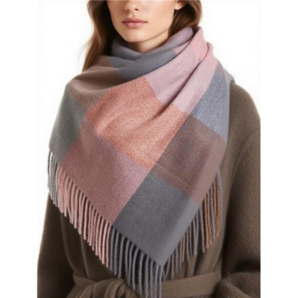 Womens plaid blanket scarf winter cashmere feel soft warm large thick cozy shawl - Picture 3 of 7